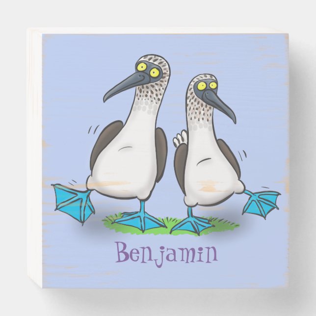 Funny, happy blue footed boobies dancing cartoon wooden box sign (Front Horizontal)