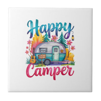 Funny Happy Camper Camping Apparel Trailer RV Kids Ceramic Tile