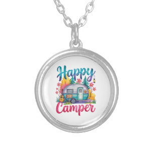 Funny Happy Camper Camping Apparel Trailer RV Kids Silver Plated Necklace