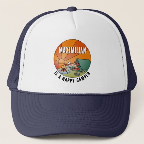 Funny Happy Camper Cartoon with Your Name Trucker Hat