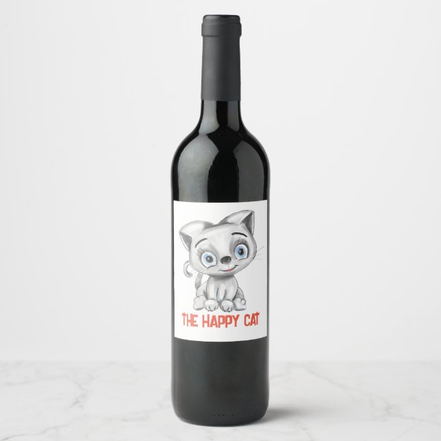Funny Happy Cat Wine Label | Cute Cat Face Bottle  (Front)