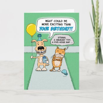 Funny Happy Dog And Grumpy Cat Birthday Card by chuckink at Zazzle