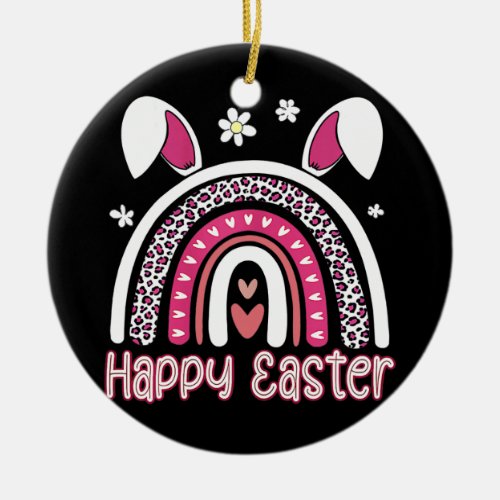Funny Happy Easter Leopard Rainbow Bunny Ears Ceramic Ornament