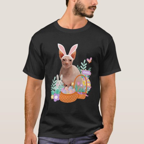 Funny happy easter sphynx cat bunny eggs basket ra T_Shirt