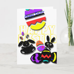 Funny Happy Easter with 2 Rabbits and colored Eggs Holiday Card