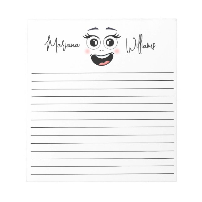funny happy face, lined personalized name notepad (Front)