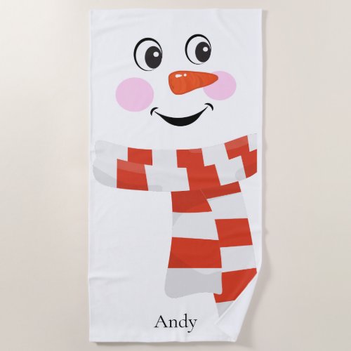 Funny Happy Face Snowman Christmas Beach Towel
