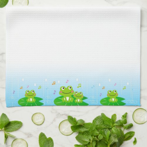 Funny Happy Frogs on Light Blue Gradient Kitchen Towel
