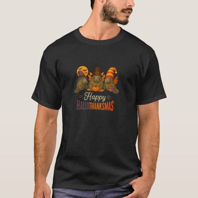Funny Happy Hallothanksmas Manatees Autumn Holiday T-Shirt (Front)