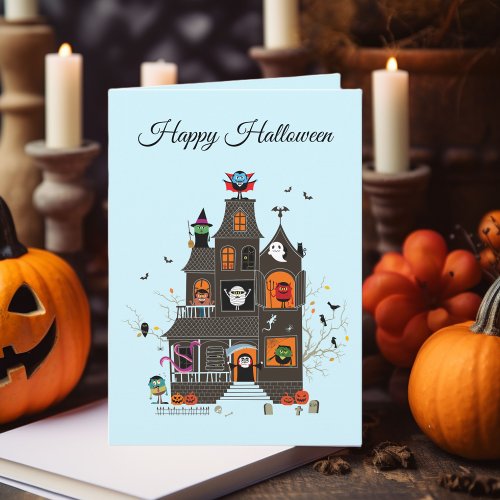 Funny Happy Halloween Haunted House People Card