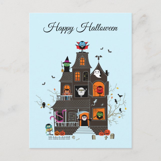 Funny Happy Halloween Haunted House People Postcard (Front)