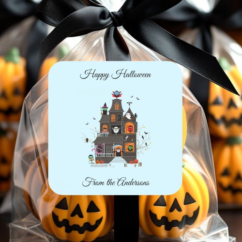 Funny Happy Halloween Haunted House People Square Sticker