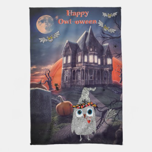 Funny Happy Halloween Owl and Bats Kitchen Towel