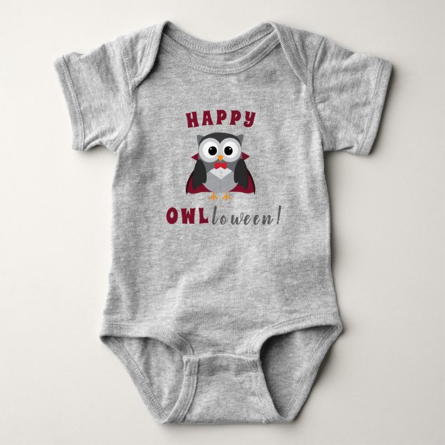 Funny Happy Halloween Owl Vampire Trick or Treat B Baby Bodysuit (Front)