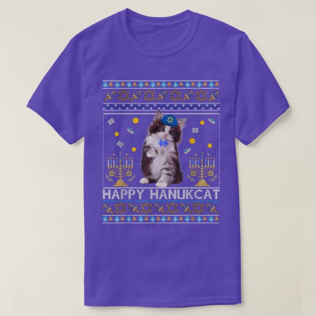 Funny Happy Hanukcat Ugly Hanukkah Maine Coon Cat  T-Shirt (Design Front)