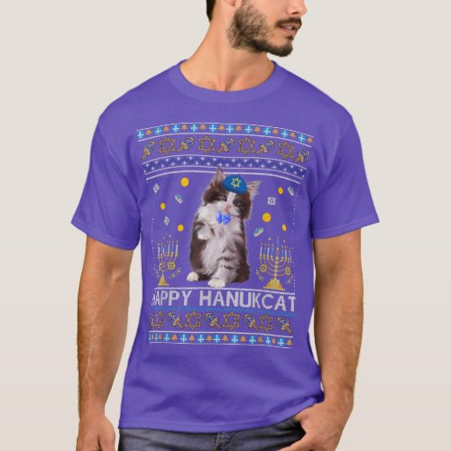 Funny Happy Hanukcat Ugly Hanukkah Maine Coon Cat  T_Shirt