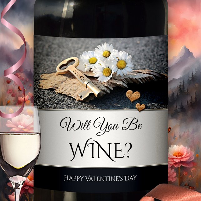 Funny Happy Hearts Valentine's Day Wine Label (Funny Valentine's Day wine label featuring daisy flowers with a key and hearts on chic silver)