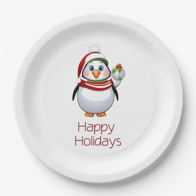 Funny Happy Holidays Christmas Penguin  Paper Plates (Front)