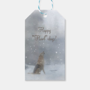 Funny Happy Holidays Gift Tags with Wolf and Snow