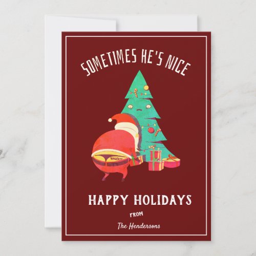 Funny Happy Holidays Greeting Naughty Santa Red Holiday Card