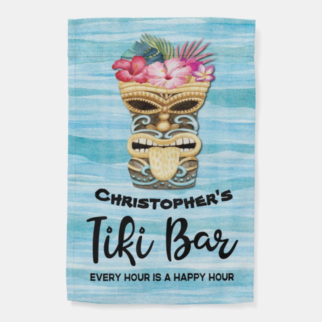 Funny Happy Hour Monogrammed Tiki Bar Party Garden Flag (Back)