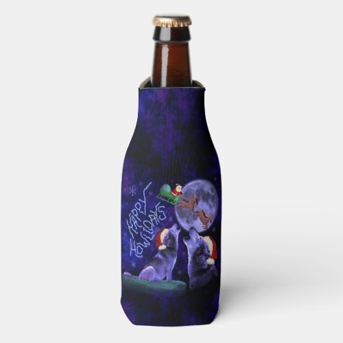 Funny Happy Howlidays Christmas Wolf Pun Bottle Cooler