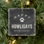 Funny Happy Howlidays Dog Photo and Name Custom Ceramic Ornament<br><div class="desc">Funny, festive double-sided tree ornament featuring your dog's photo on the back. On the front, a vintage "Happy Howlidays" typography illustration is set against a black chalkboard background surround by a snowy border. Add your pet's name and year to customize. An ornament that is sure to be spread howliday cheer....</div>