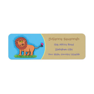 Funny, happy lion with butterfly cartoon label