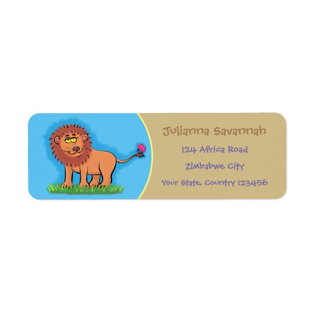 Funny, happy lion with butterfly cartoon label (Front)