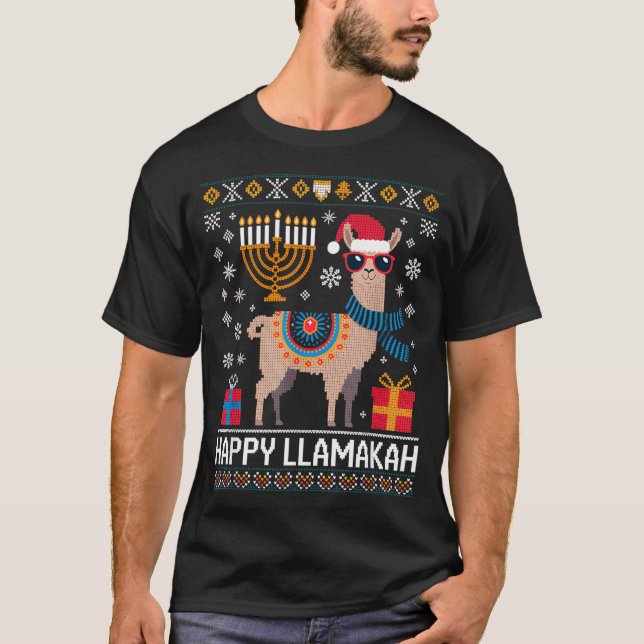 Funny Happy Llamakah Llama With Menorah  T-Shirt (Front)