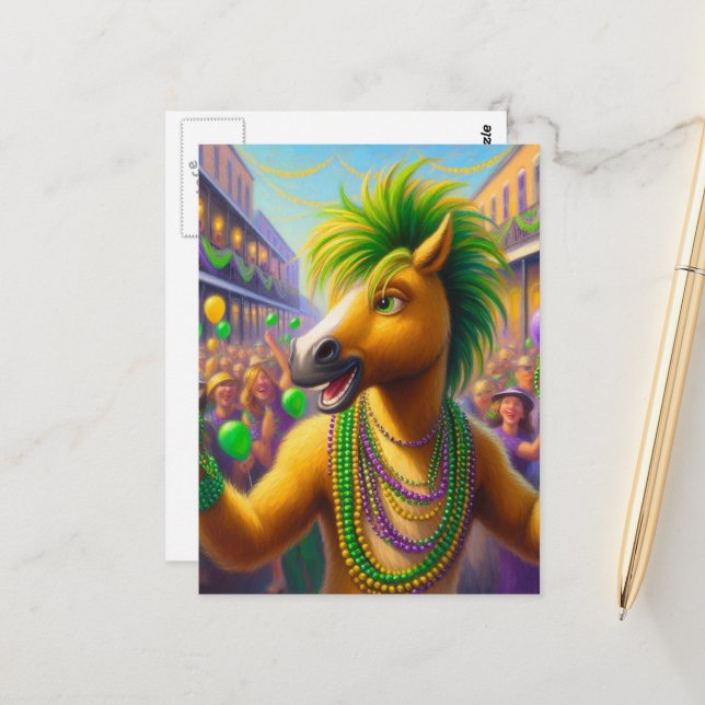 Funny Happy Mardi Gras Horse With Green Mane  Postcard (Front/Back In Situ)