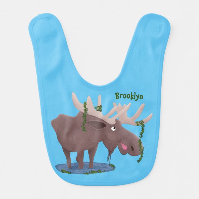 Funny happy moose cartoon illustration baby bib (Front)