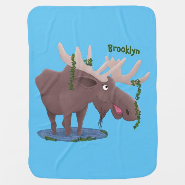 Funny happy moose cartoon illustration baby blanket (Front)