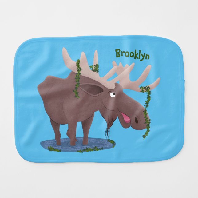 Funny happy moose cartoon illustration baby burp cloth (Front Horizontal)