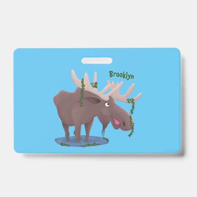 Funny happy moose cartoon illustration badge (Front)