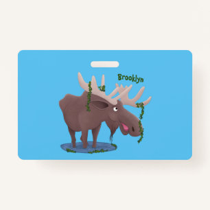 Funny happy moose cartoon illustration badge