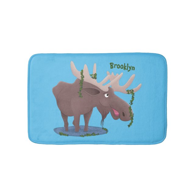 Funny happy moose cartoon illustration bath mat (Front)