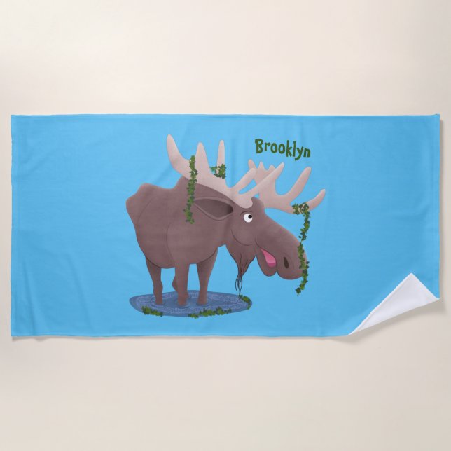 Funny happy moose cartoon illustration beach towel (Front)