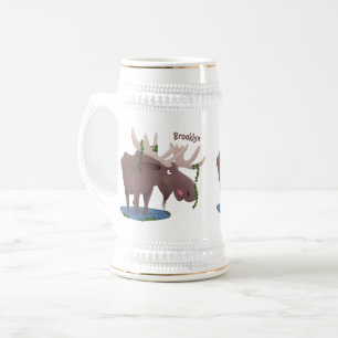 Funny happy moose cartoon illustration beer stein