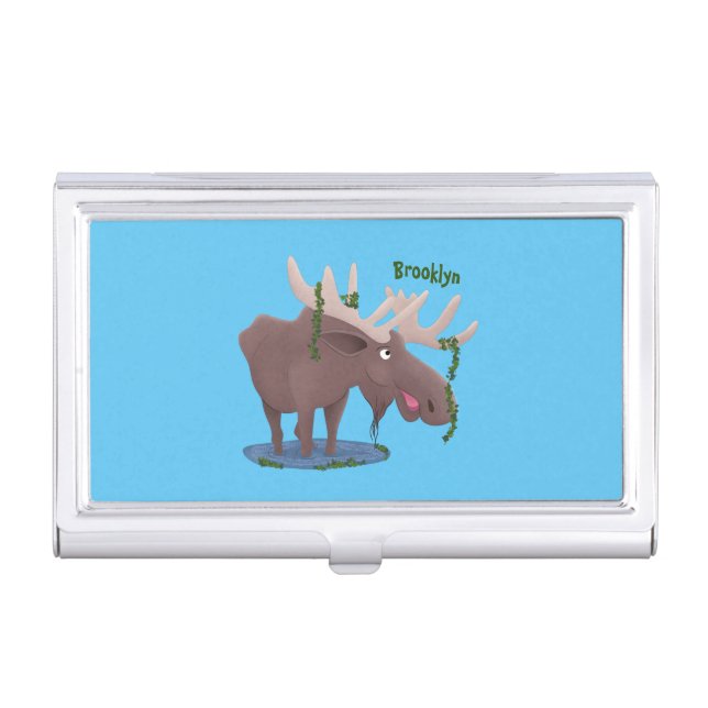 Funny happy moose cartoon illustration business card case (Front)