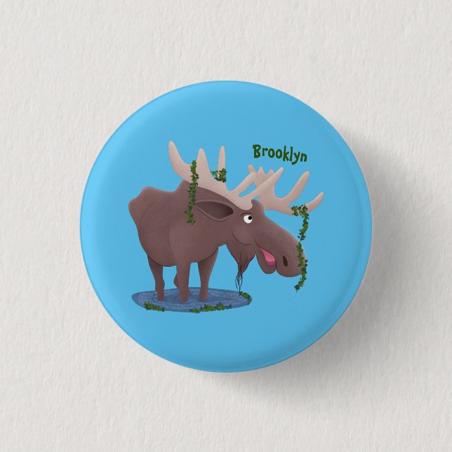 Funny happy moose cartoon illustration button (Front)