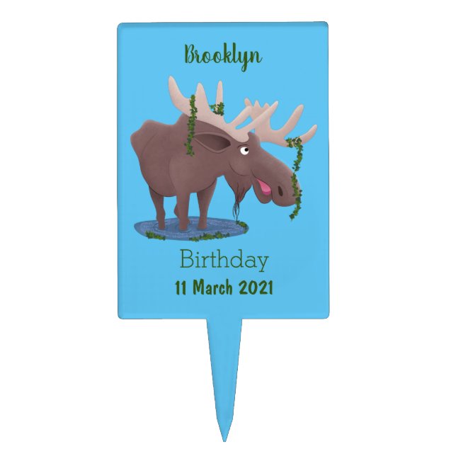 Funny happy moose cartoon illustration cake topper (Front)