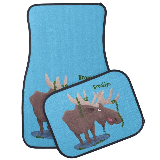 Funny happy moose cartoon illustration car floor mat (Set)