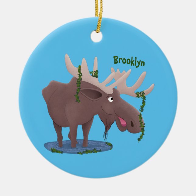 Funny happy moose cartoon illustration ceramic ornament (Front)