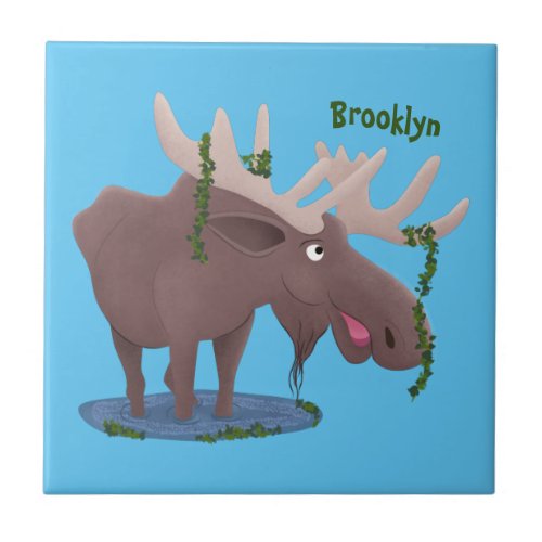 Funny happy moose cartoon illustration ceramic tile