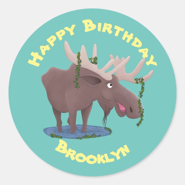 Funny happy moose cartoon illustration classic rou classic round sticker (Front)