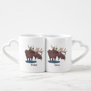 Funny happy moose cartoon illustration coffee mug set