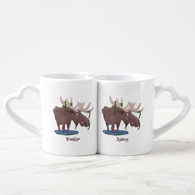 Funny happy moose cartoon illustration coffee mug set (Back Nesting)