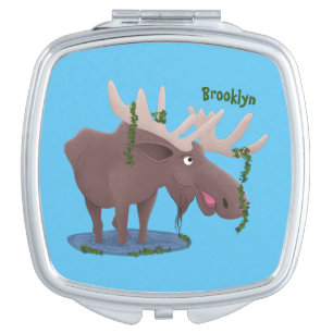 Funny happy moose cartoon illustration compact mirror