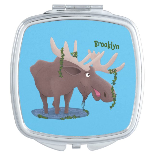 Funny happy moose cartoon illustration compact mirror (Front)